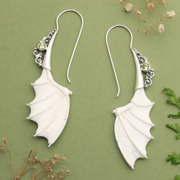 Alternate image for Bat-Shaped Sterling Silver and Natural Peridot Drop Earrings Illuminated Night in Green