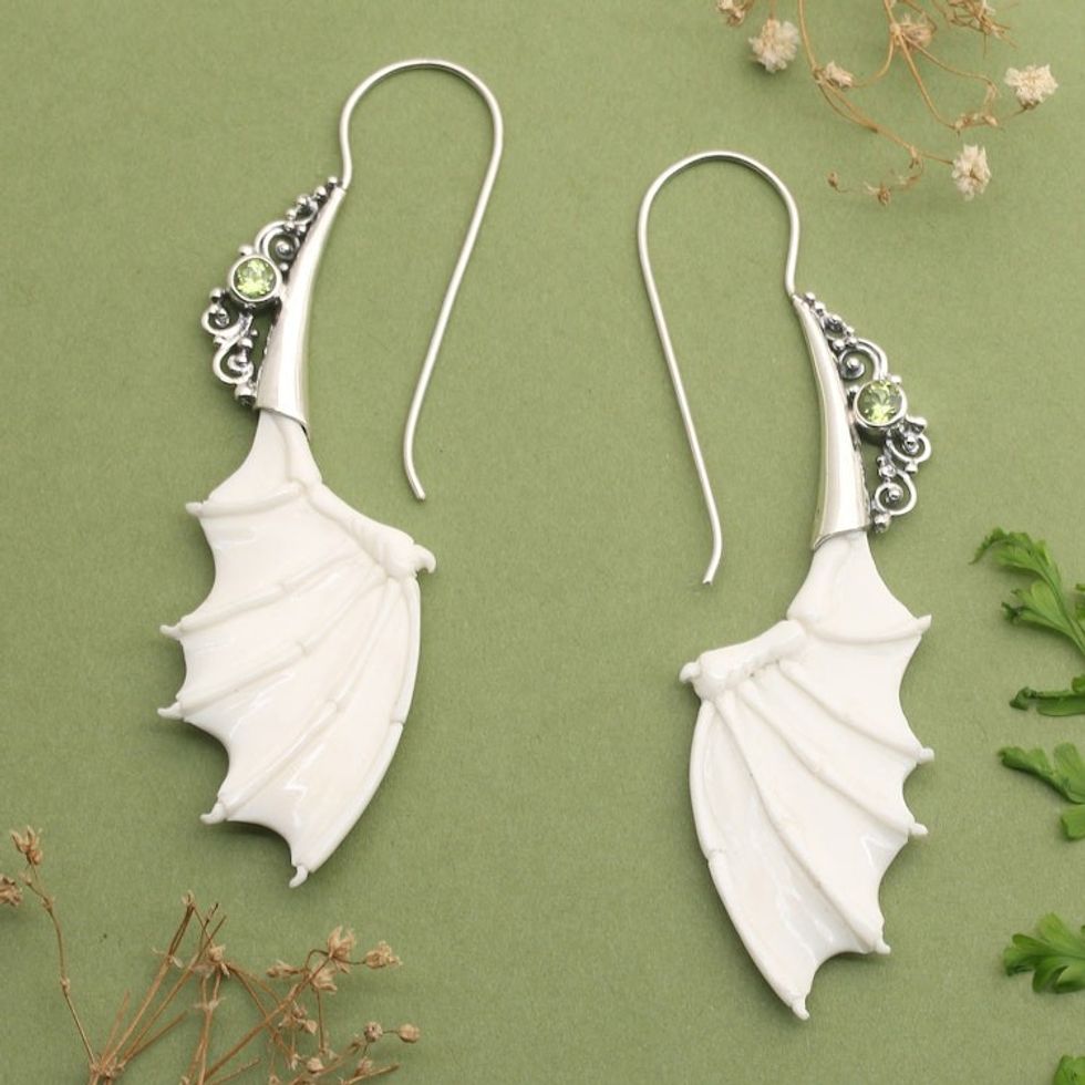 Bat-Shaped Sterling Silver and Natural Peridot Drop Earrings 'Illuminated Night in Green'