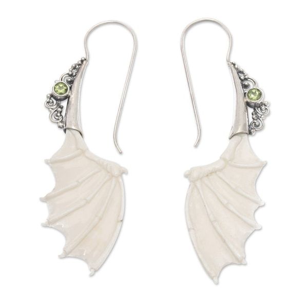 Alternate image for Bat-Shaped Sterling Silver and Natural Peridot Drop Earrings Illuminated Night in Green