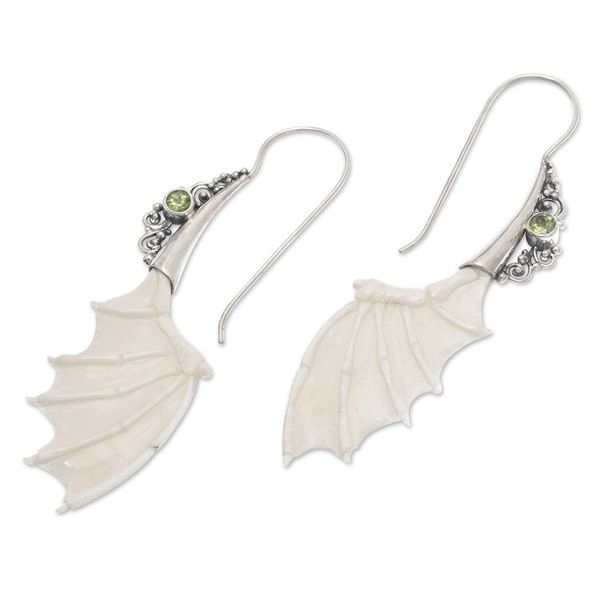 Alternate image for Bat-Shaped Sterling Silver and Natural Peridot Drop Earrings Illuminated Night in Green