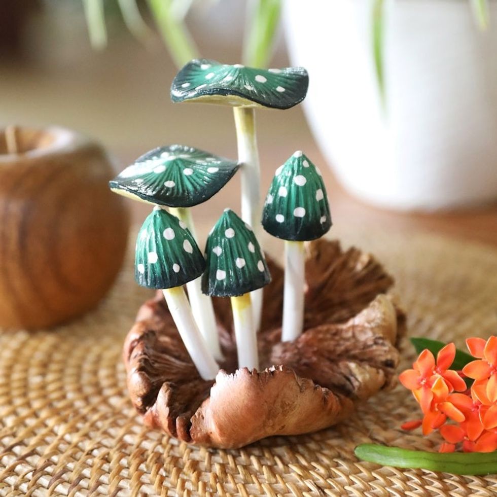 Mushroom-Themed Wood Sculpture Hand-Painted in Bali 'Amanita Forest'