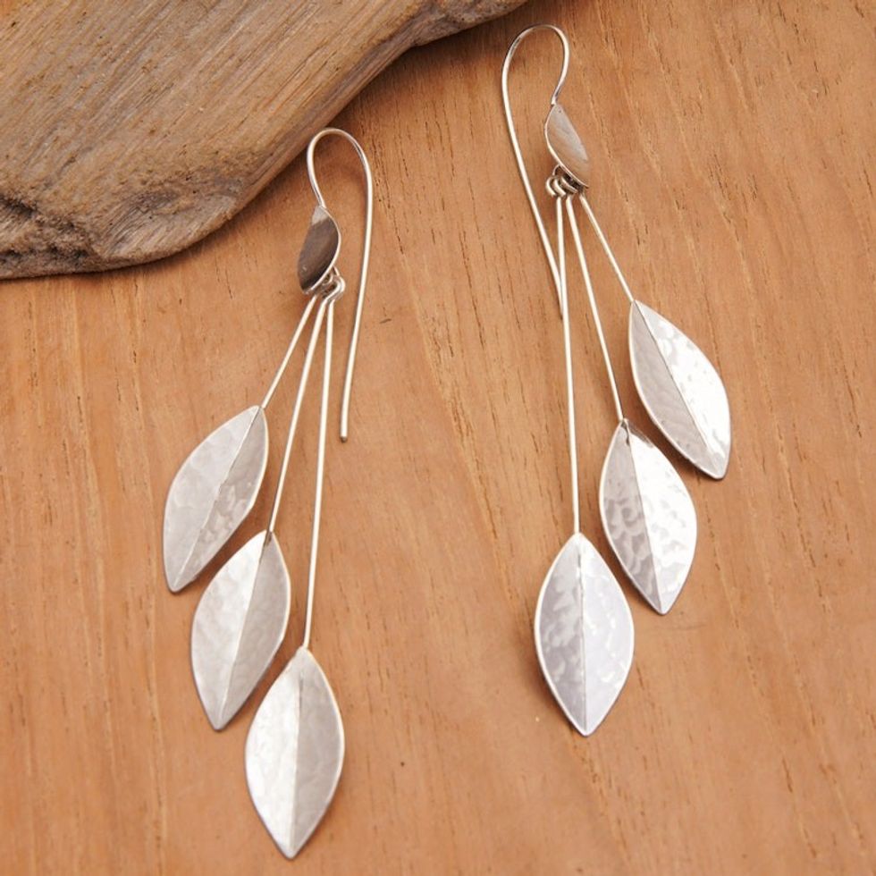 Modern Hammered Sterling Silver Leaf Dangle Earrings 'Winter Glisten'