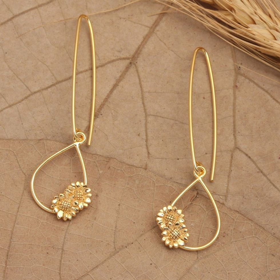 18k Gold-Plated Drop-Shaped Sunflower Dangle Earrings 'Cycle of Adoration'