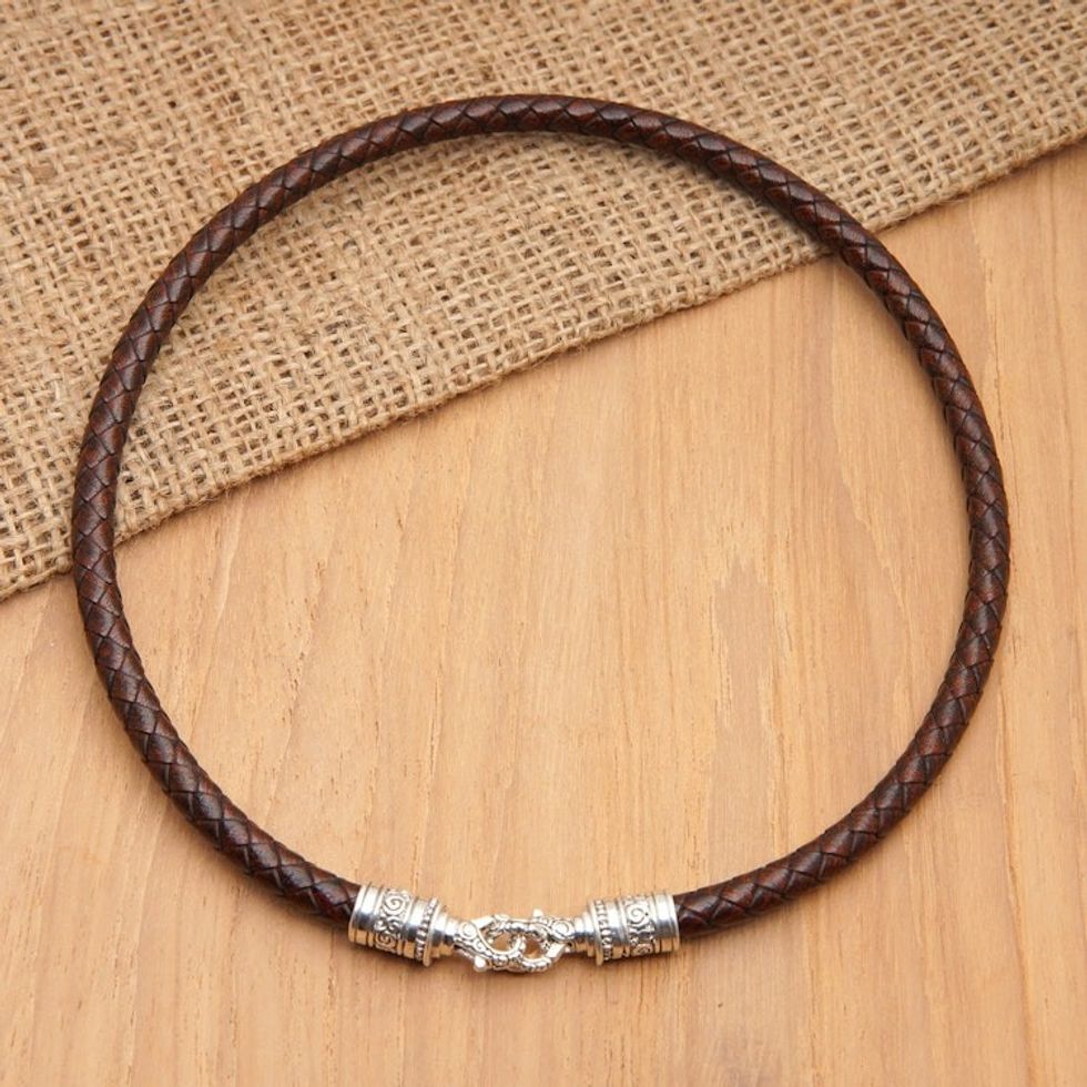 Men's Leather Braided Wrap Bracelet with 925 Silver Clasp 'Buddha Curl Double Hoop'