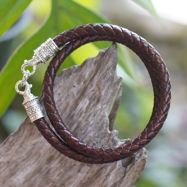 Alternate image for Mens Leather Braided Wrap Bracelet with 925 Silver Clasp Buddha Curl Double Hoop