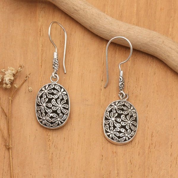 Alternate image for Traditional Floral Sterling Silver Dangle Earrings from Bali Snowy Blooms