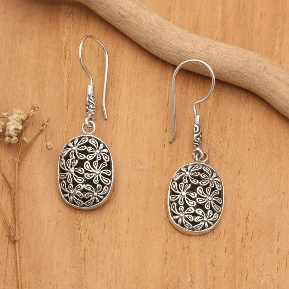 Traditional Floral Sterling Silver Dangle Earrings from Bali 'Snowy Blooms'