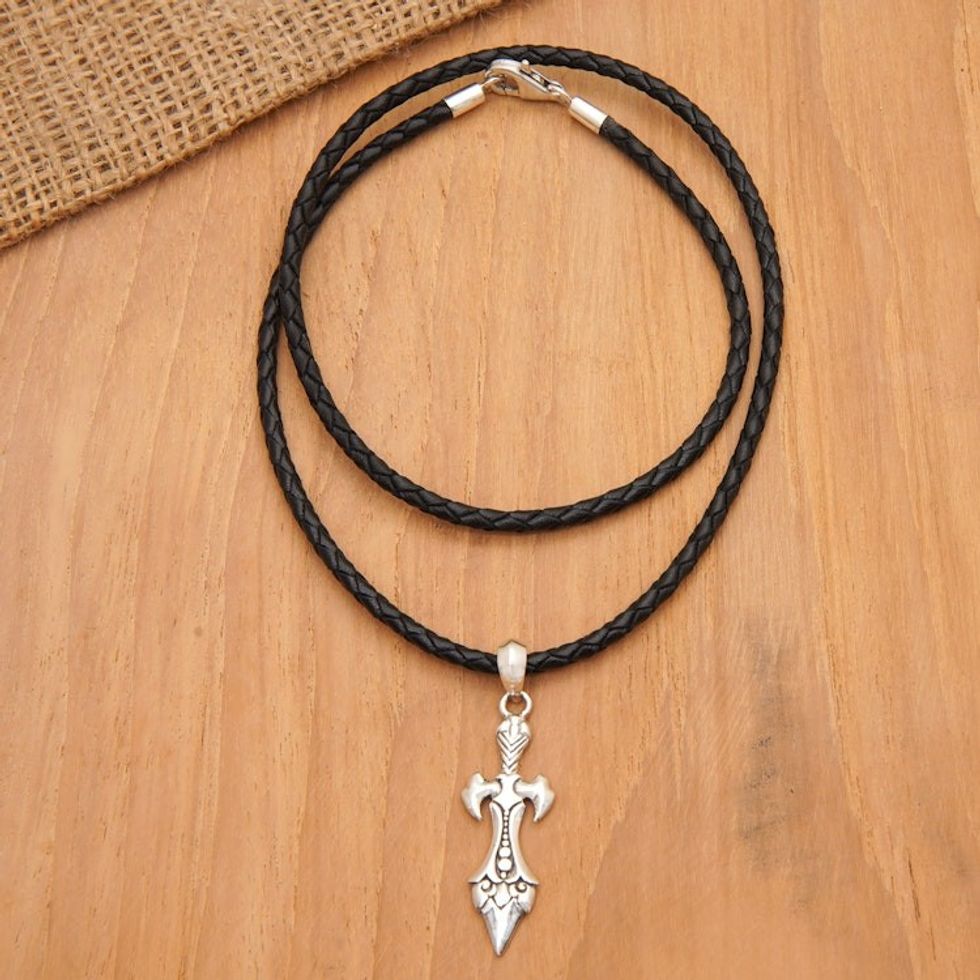 Men's Leather and Sterling Silver Sword Pendant Necklace 'Swordsman'