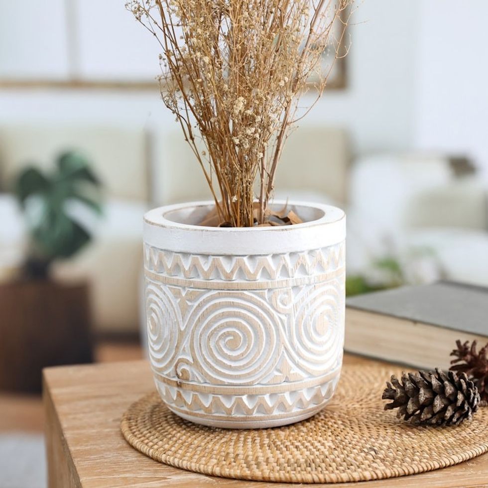 Hand-Carved Wood Decorative Vase with Distressed Finish 'Spiral Beauty'
