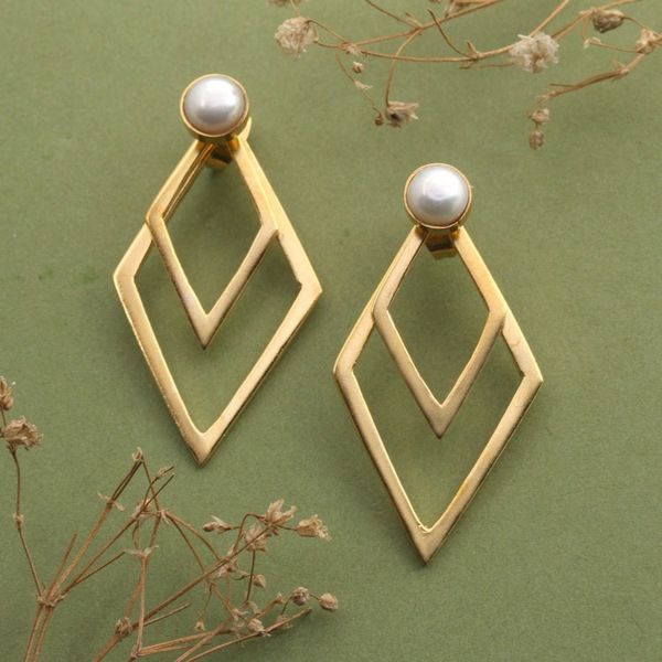 Alternate image for Geometric 18k Gold-Plated Silver-White Pearl Drop Earrings Pearly Diamonds