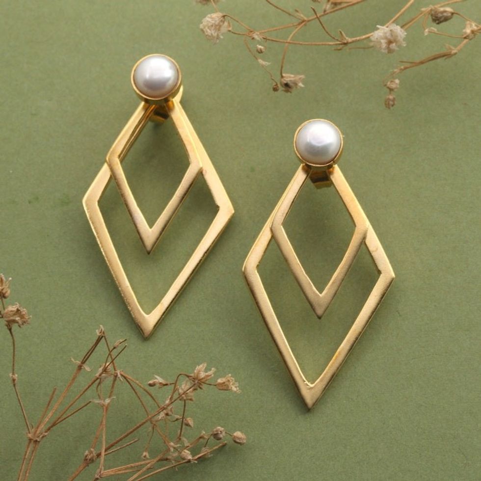 Geometric 18k Gold-Plated Silver-White Pearl Drop Earrings 'Pearly Diamonds'