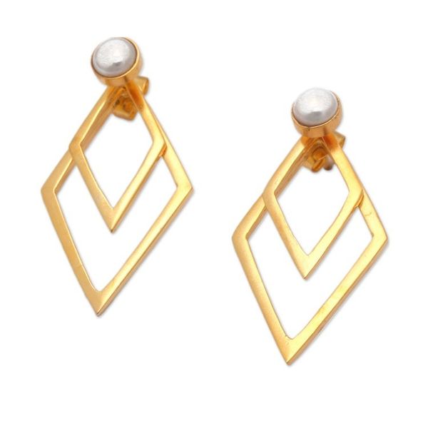Alternate image for Geometric 18k Gold-Plated Silver-White Pearl Drop Earrings Pearly Diamonds