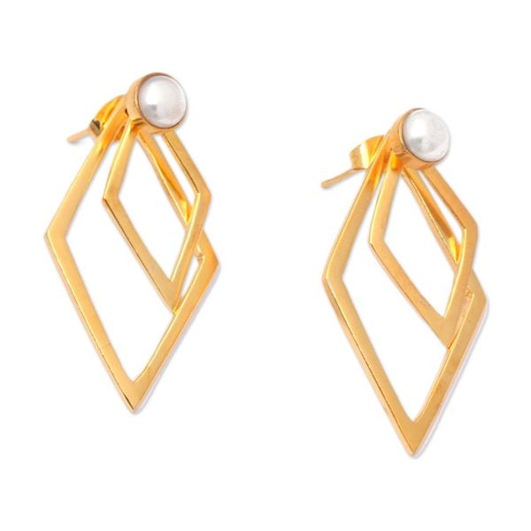 Alternate image for Geometric 18k Gold-Plated Silver-White Pearl Drop Earrings Pearly Diamonds