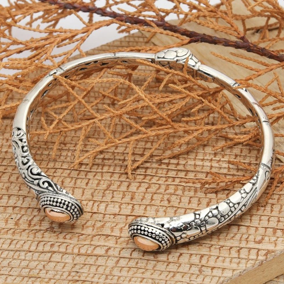 Traditional 18k Gold-Accented Sterling Silver Cuff Bracelet 'Sparkling Bamboo'