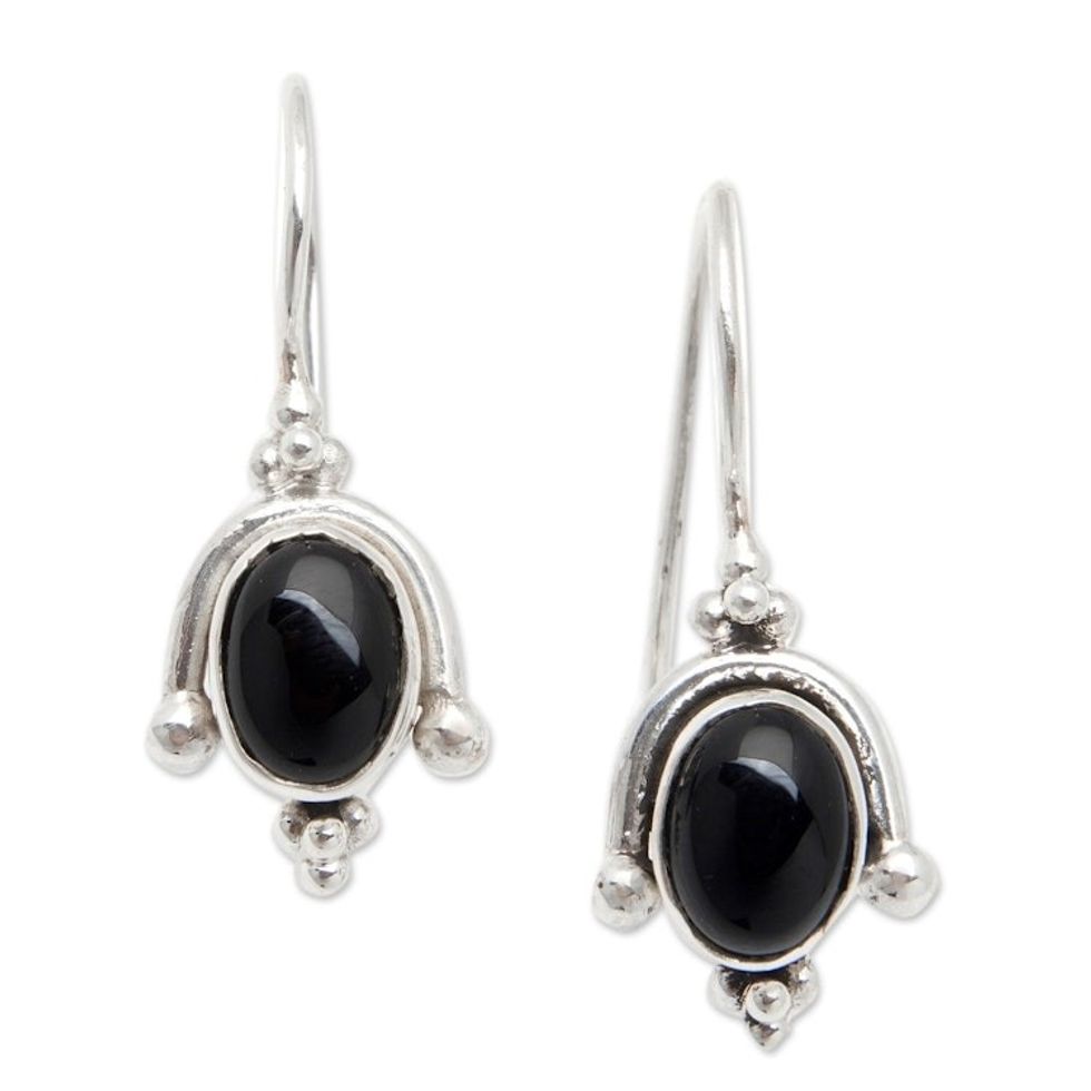 Classic Sterling Silver Drop Earrings with Onyx Cabochons 'Protective Madam'