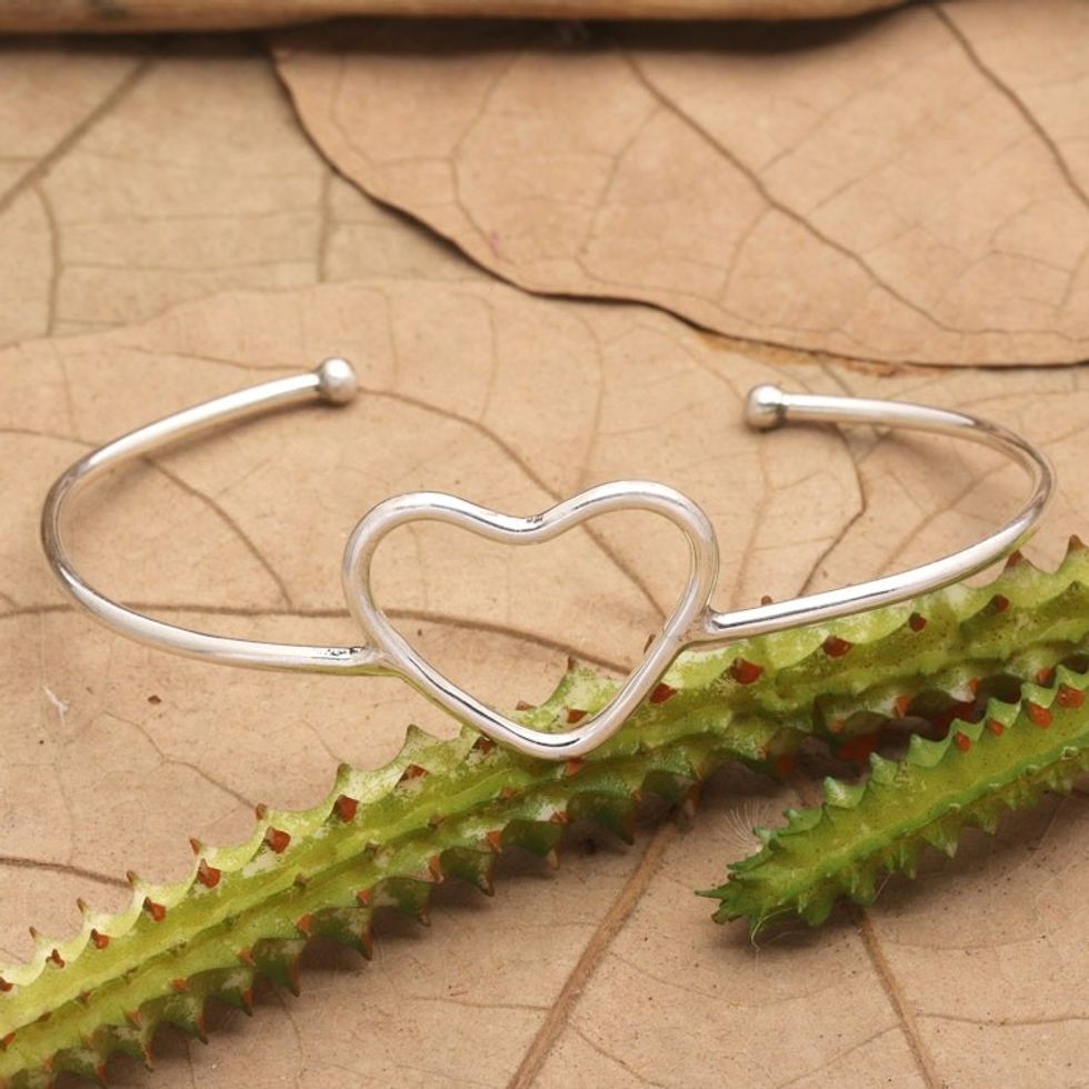 Minimalist Heart Symbol Sterling Silver Cuff Bracelet 'Globe-Trotting's Heart'