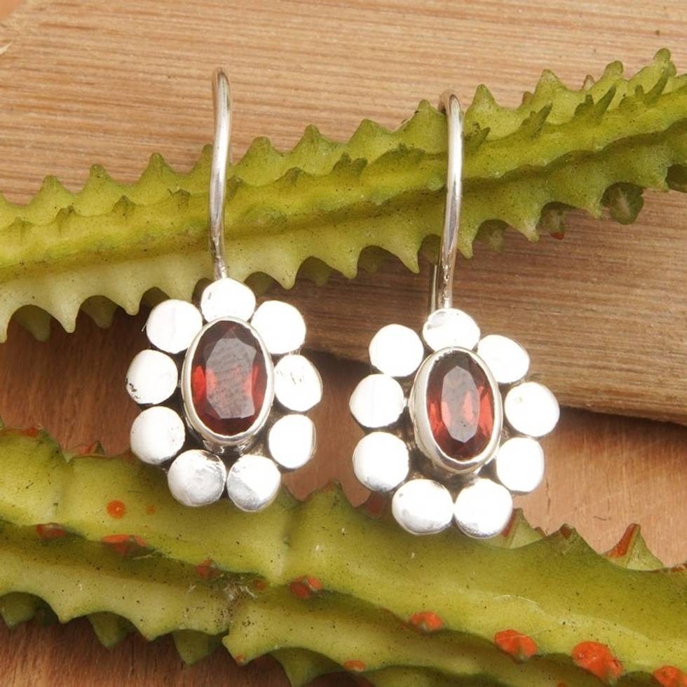 Polished Sterling Silver Drop Earrings with Garnet Gems 'Sparkling Bloom in Red'