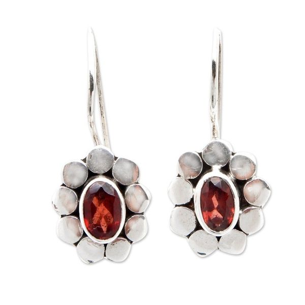 Alternate image for Polished Sterling Silver Drop Earrings with Garnet Gems Sparkling Bloom in Red