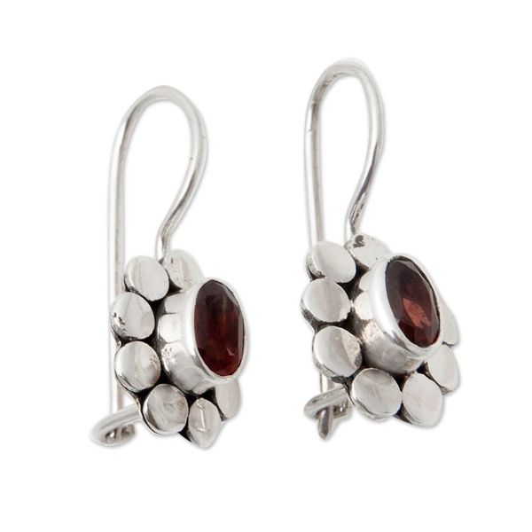 Alternate image for Polished Sterling Silver Drop Earrings with Garnet Gems Sparkling Bloom in Red
