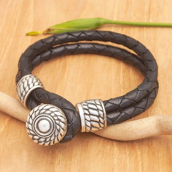 Alternate image for Mens Leather Braided Strand Bracelet with 925 Silver Accent Balinese Reign