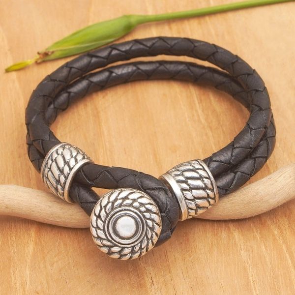 Alternate image for Mens Leather Braided Strand Bracelet with 925 Silver Accent Balinese Reign