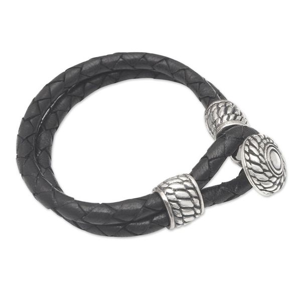 Alternate image for Mens Leather Braided Strand Bracelet with 925 Silver Accent Balinese Reign