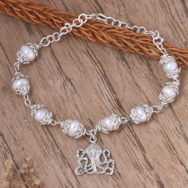 Alternate image for Floral Grey Cultured Pearl Bracelet with Octopus Charm Only The Sea