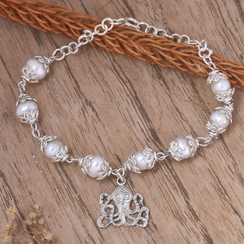 Floral Grey Cultured Pearl Bracelet with Octopus Charm 'Only The Sea'