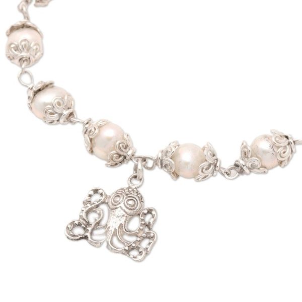 Alternate image for Floral Grey Cultured Pearl Bracelet with Octopus Charm Only The Sea