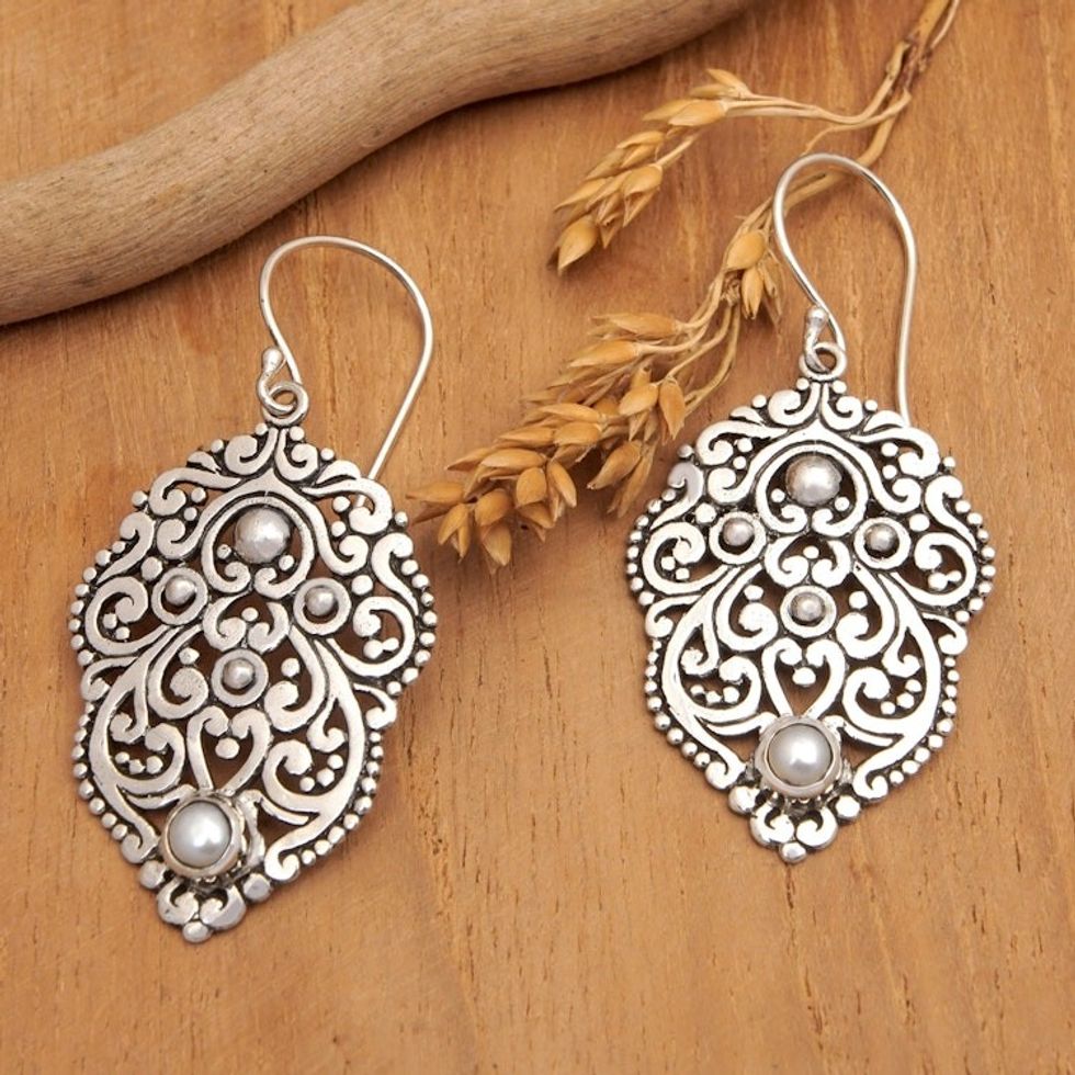 Polished Sterling Silver Dangle Earrings with Grey Pearls 'Balinese Inspiration'