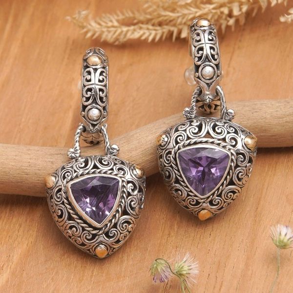 Alternate image for 18k Gold-Accented Dangle Earrings with Triangle Amethyst Gem Triangle of the Wise