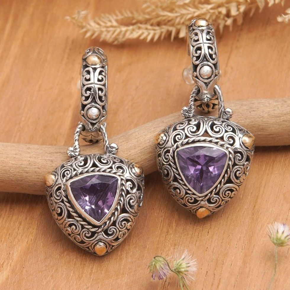 18k Gold-Accented Dangle Earrings with Triangle Amethyst Gem 'Triangle of the Wise'