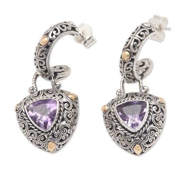 Alternate image for 18k Gold-Accented Dangle Earrings with Triangle Amethyst Gem Triangle of the Wise