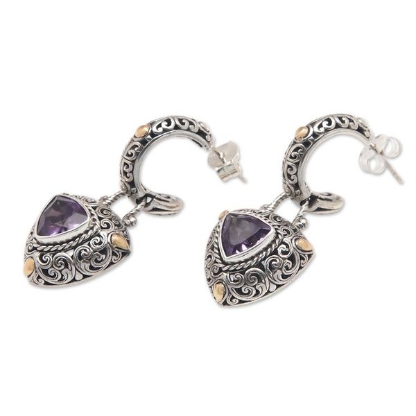 Alternate image for 18k Gold-Accented Dangle Earrings with Triangle Amethyst Gem Triangle of the Wise