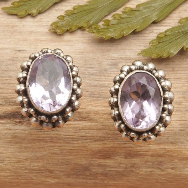 Alternate image for Sterling Silver Stud Earrings with Oval Amethyst Gems Purple Maiden