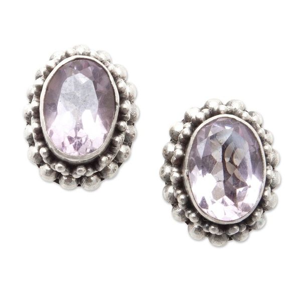 Alternate image for Sterling Silver Stud Earrings with Oval Amethyst Gems Purple Maiden