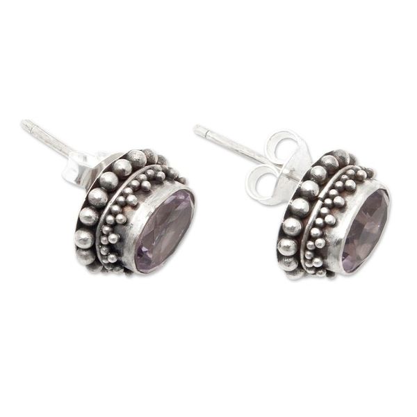 Alternate image for Sterling Silver Stud Earrings with Oval Amethyst Gems Purple Maiden