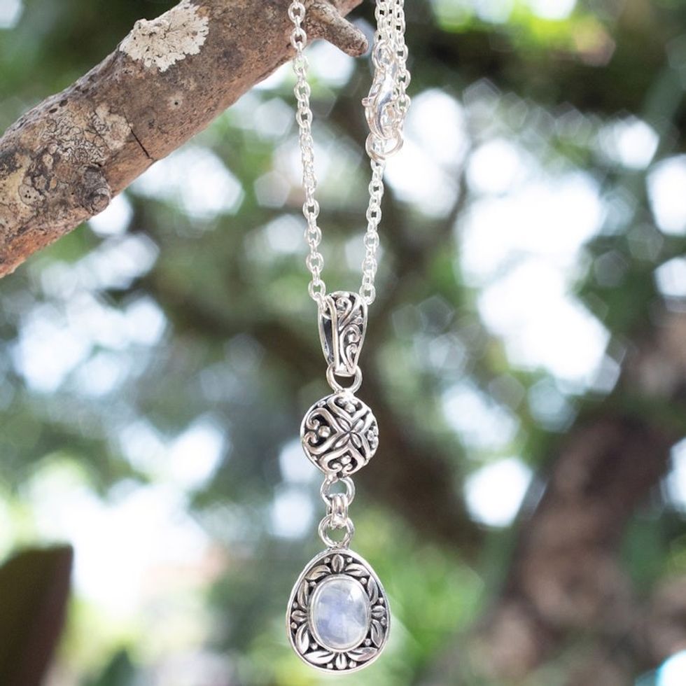Leafy Sterling Silver Rainbow Moonstone Pendant Necklace 'Harmonious Summer'