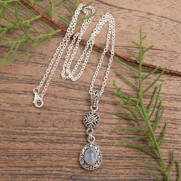 Alternate image for Leafy Sterling Silver Rainbow Moonstone Pendant Necklace Harmonious Summer