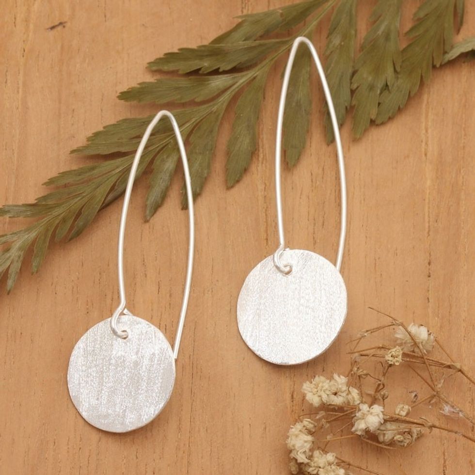 Minimalist Round Sterling Silver Drop Earrings from Bali 'Avant-Garde Moon'
