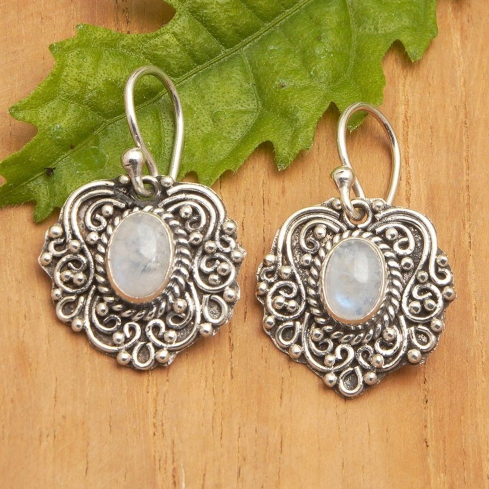Balinese Silver Dangle Earrings with Rainbow Moonstone Gems 'Luminous Splendor'