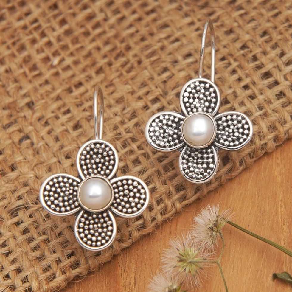 Floral Sterling Silver Drop Earrings with White Pearls 'Spring of Beauty'