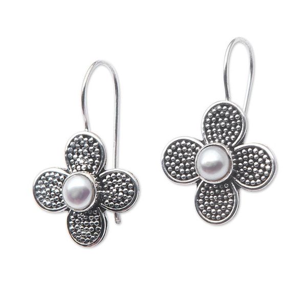 Alternate image for Floral Sterling Silver Drop Earrings with White Pearls Spring of Beauty
