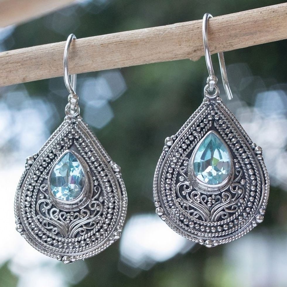 Teardrop Sterling Silver Dangle Earrings with Blue Topaz 'Princess Palace in Blue'