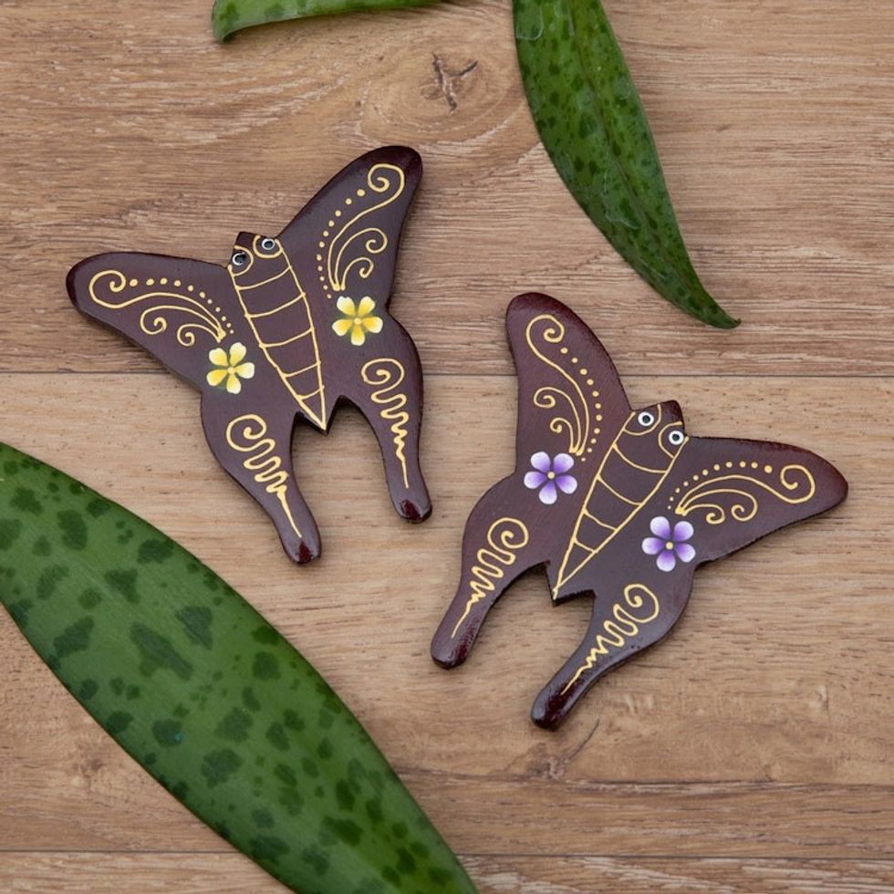 Set of 2 Hand-Painted Floral Butterfly-Shaped Wood Magnets 'Paradisial Butterflies'