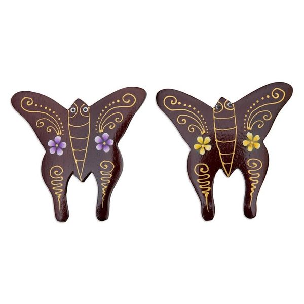 Alternate image for Set of 2 Hand-Painted Floral Butterfly-Shaped Wood Magnets Paradisial Butterflies