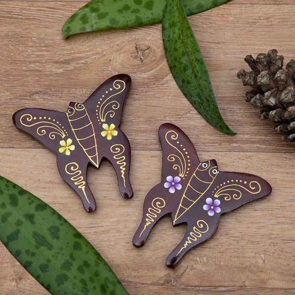 Alternate image for Set of 2 Hand-Painted Floral Butterfly-Shaped Wood Magnets Paradisial Butterflies