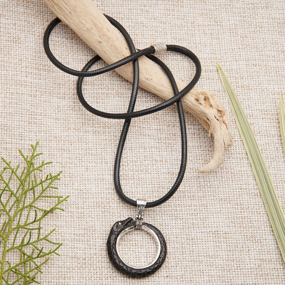 Snake-Themed Black Sterling Silver Pendant Necklace 'Viper Realm'