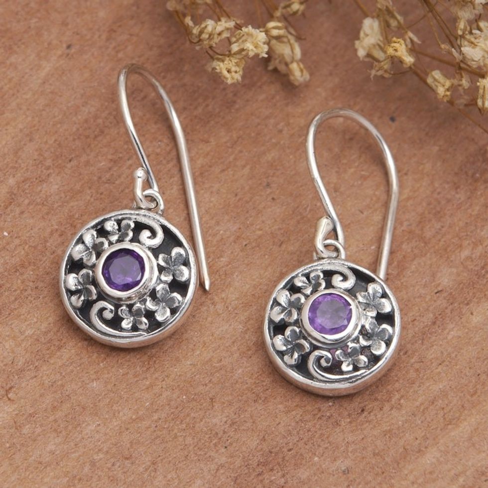 Floral Round Faceted Amethyst Dangle Earrings from Bali 'Wisdom Fragrances'