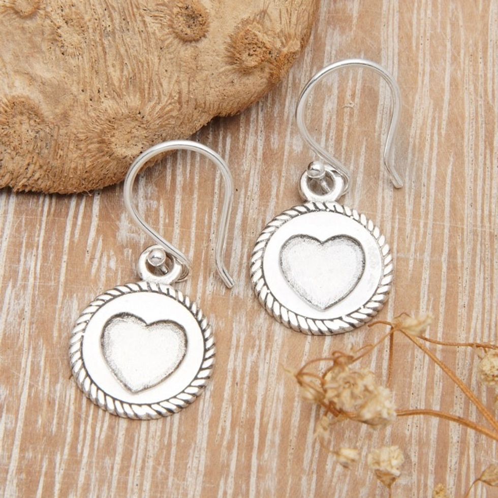 Sterling Silver Dangle Earrings with Heart Motif from Bali 'Dainty Heart'